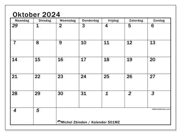 Kalender oktober 2024 “501”. Gratis afdrukbare kalender.. Maandag tot zondag