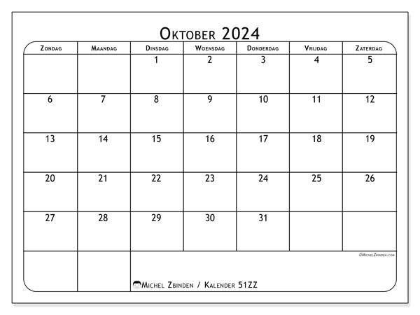 Kalender oktober 2024 “51”. Gratis printbare kaart.. Zondag tot zaterdag