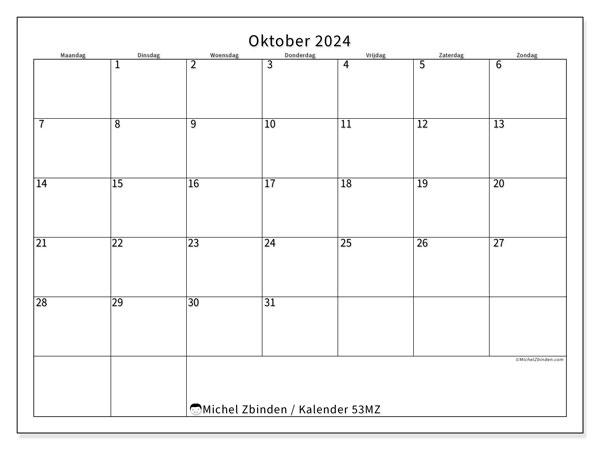 Kalender oktober 2024 “53”. Gratis printbaar schema.. Maandag tot zondag