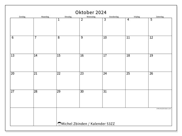Kalender oktober 2024 “53”. Gratis printbaar schema.. Zondag tot zaterdag