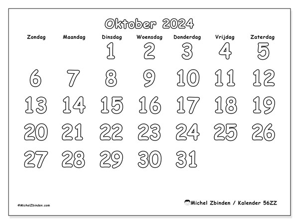 Kalender oktober 2024 “56”. Gratis afdrukbare kalender.. Zondag tot zaterdag