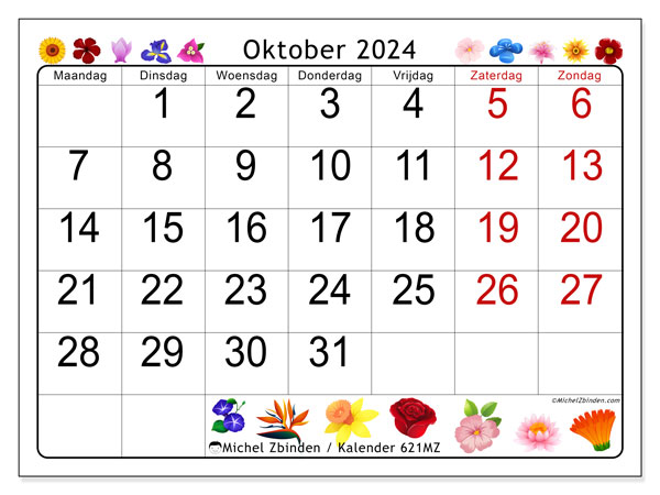 Kalender oktober 2024 “621”. Gratis printbare kaart.. Maandag tot zondag