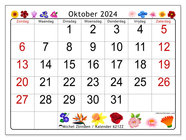 Kalender oktober 2024 “621”. Gratis printbare kaart.. Zondag tot zaterdag