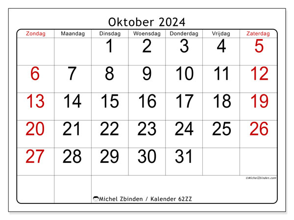 Kalender oktober 2024 “62”. Gratis afdrukbare kalender.. Zondag tot zaterdag