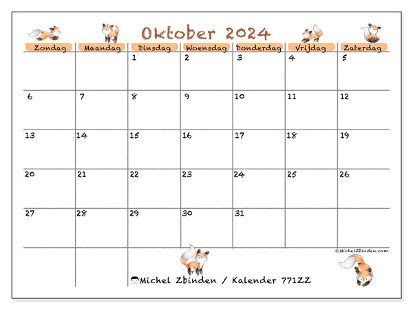 Kalender oktober 2024 “771”. Gratis af te drukken agenda.. Zondag tot zaterdag