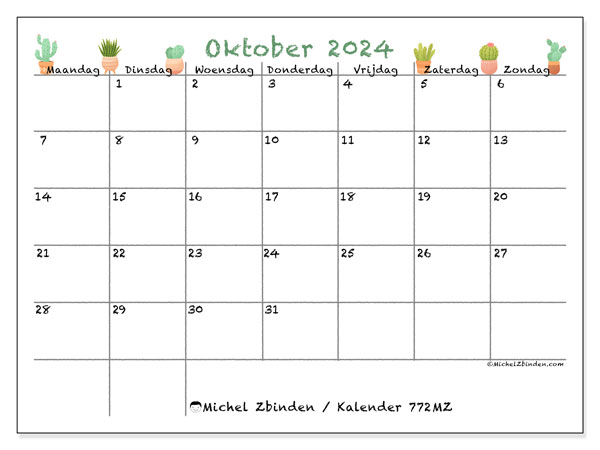 Kalender oktober 2024 “772”. Gratis printbaar schema.. Maandag tot zondag