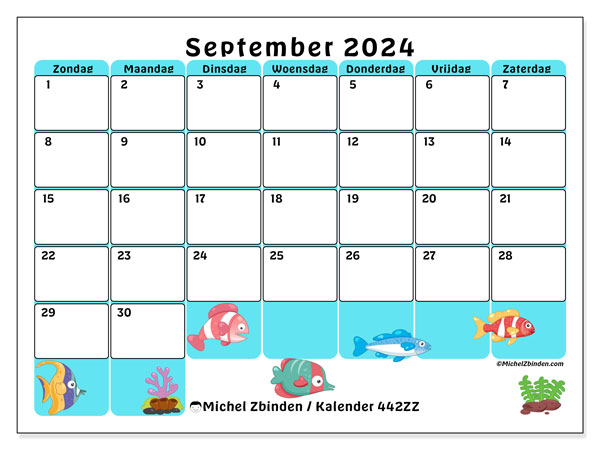 Kalender september 2024 “442”. Gratis af te drukken agenda.. Zondag tot zaterdag