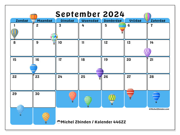 Kalender september 2024 “446”. Gratis afdrukbaar programma.. Zondag tot zaterdag