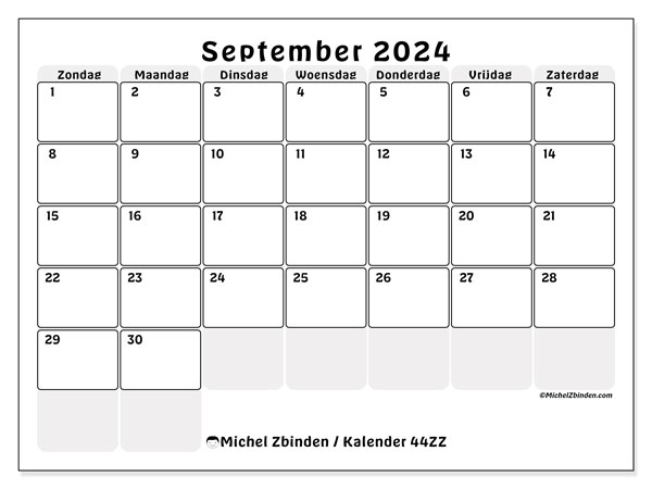 Kalender september 2024 “44”. Gratis af te drukken agenda.. Zondag tot zaterdag