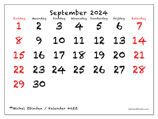 Kalender om af te drukken, september 2024, 46ZZ
