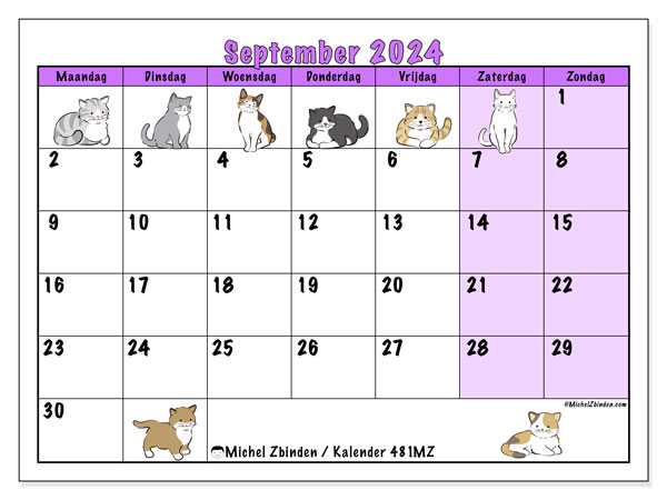 Kalender september 2024 “481”. Gratis af te drukken agenda.. Maandag tot zondag