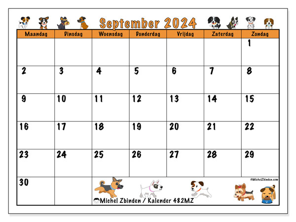 Kalender september 2024 “482”. Gratis af te drukken agenda.. Maandag tot zondag