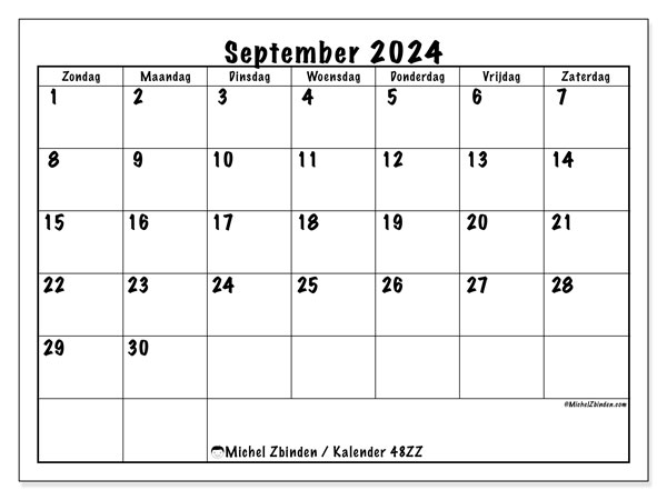 Kalender om af te drukken, september 2024, 48ZZ