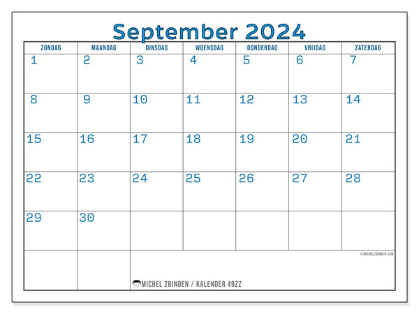 Kalender september 2024, 49ZZ. Gratis af te drukken agenda.