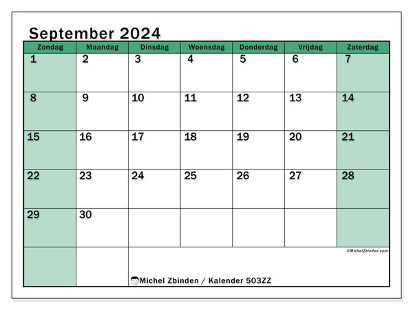 Kalender september 2024 “503”. Gratis printbaar schema.. Zondag tot zaterdag