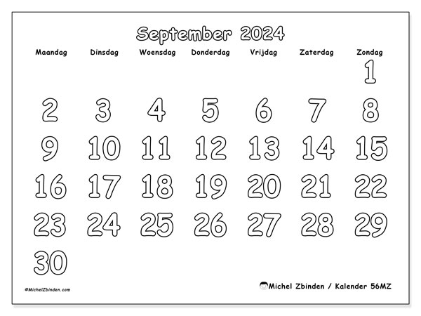 Kalender september 2024, 56ZZ. Gratis af te drukken agenda.