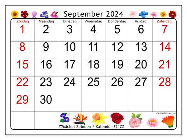 Kalender september 2024 “621”. Gratis printbaar schema.. Zondag tot zaterdag
