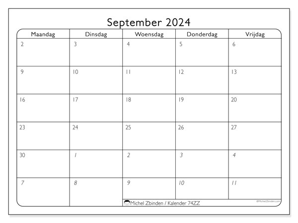 Kalender september 2024, 74ZZ. Gratis printbare kaart.