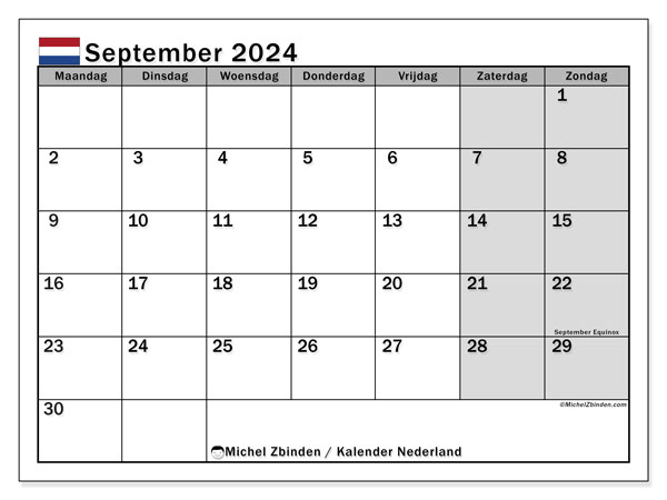 Kalender september 2024 “Nederland”. Gratis printbare kaart.. Maandag tot zondag