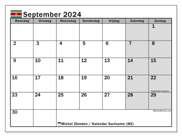 Calendário Setembro 2024 “Suriname”. Programa gratuito para impressão.. Segunda a domingo