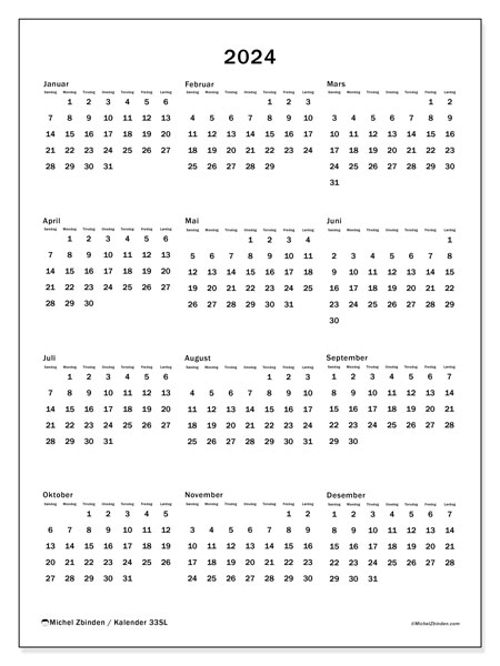 Årskalender 2024, 33SL. Gratis kalender for utskrift.