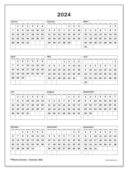 Årskalender 2024, 36SL. Gratis kalender for utskrift.