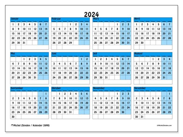 Kalender årlig 2024 “39”. Gratis kalender for utskrift.. Mandag til søndag