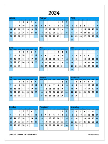 Årskalender 2024, 40SL. Gratis kalender for utskrift.