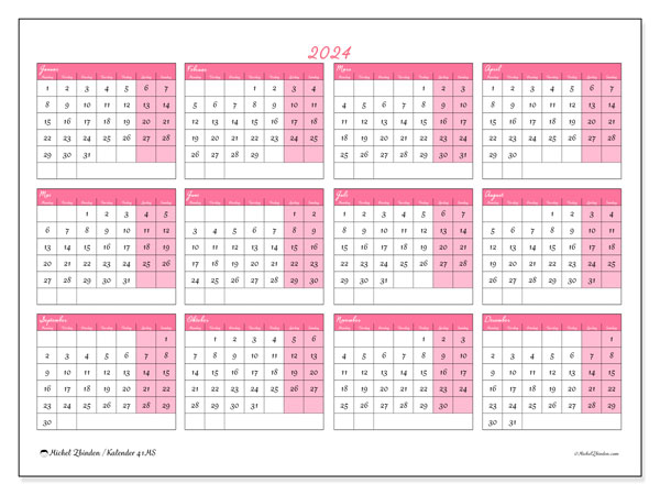 Kalender årlig 2024 “41”. Gratis kalender for utskrift.. Mandag til søndag