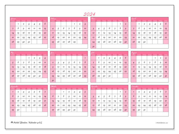 Kalender årlig 2024 “41”. Gratis kalender for utskrift.. Søndag til lørdag