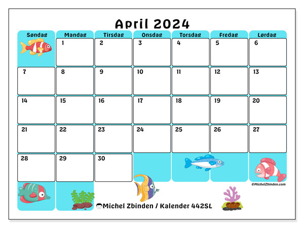 Kalender april 2024 “442”. Gratis plan for utskrift.. Søndag til lørdag