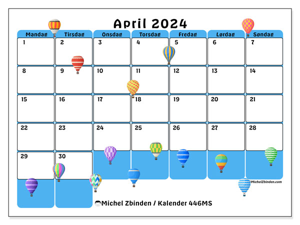 Kalender april 2024 “446”. Gratis plan for utskrift.. Mandag til søndag