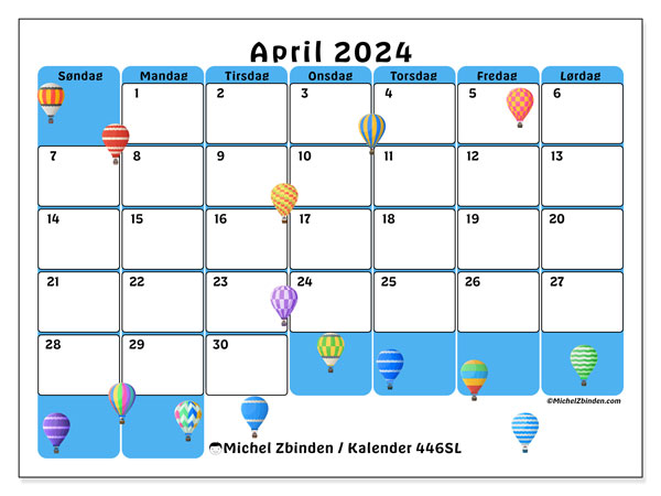 Kalender april 2024 “446”. Gratis plan for utskrift.. Søndag til lørdag