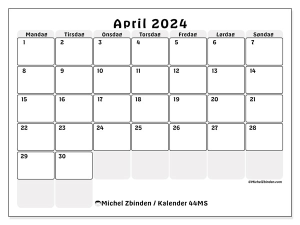 Kalender april 2024 “44”. Gratis kalender for utskrift.. Mandag til søndag