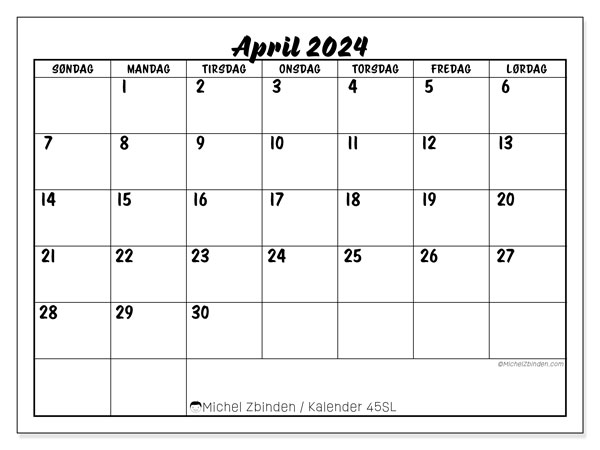 Kalender april 2024 “45”. Gratis kalender for utskrift.. Søndag til lørdag