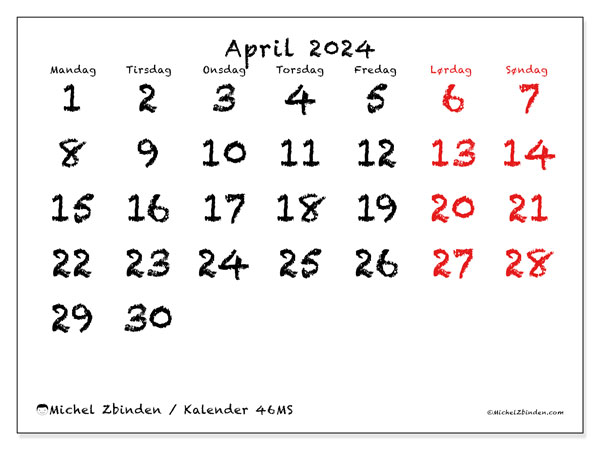 Kalender april 2024 “46”. Gratis kalender for utskrift.. Mandag til søndag