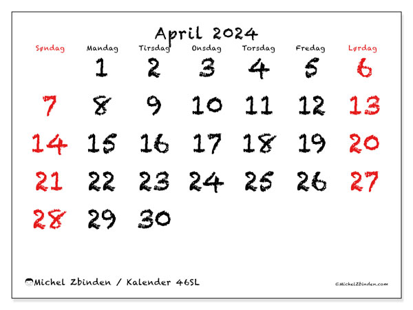 Kalender april 2024 “46”. Gratis kalender for utskrift.. Søndag til lørdag