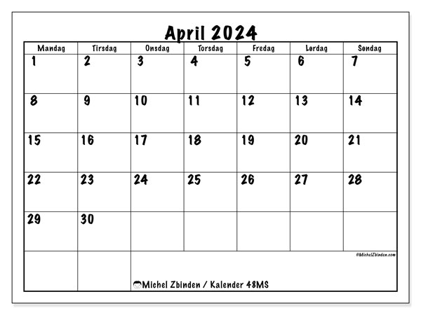 Kalender april 2024, 48SL. Gratis journal for utskrift.