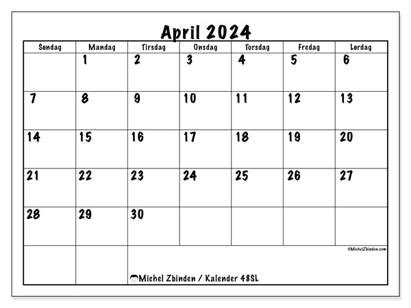 Kalender april 2024 “48”. Gratis plan for utskrift.. Søndag til lørdag