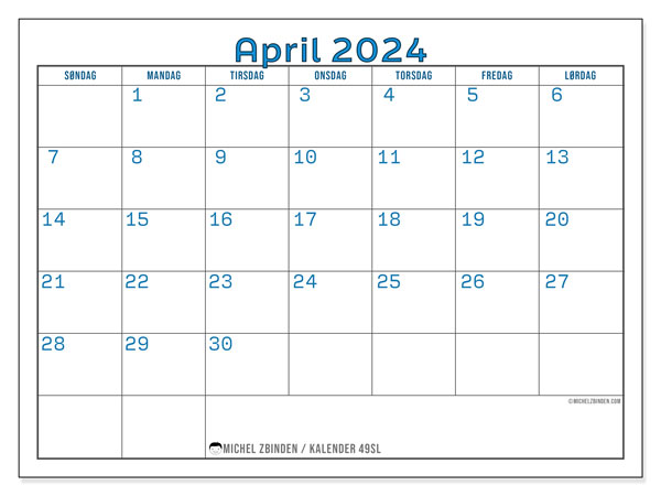 Kalender for utskrift, april 2024, 49SL