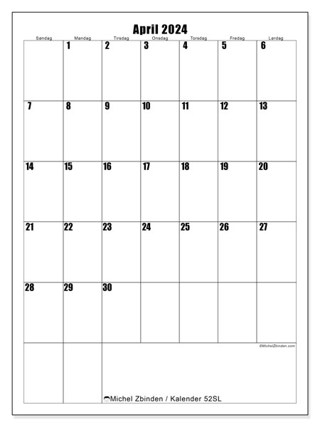 Kalender april 2024 “52”. Gratis plan for utskrift.. Søndag til lørdag