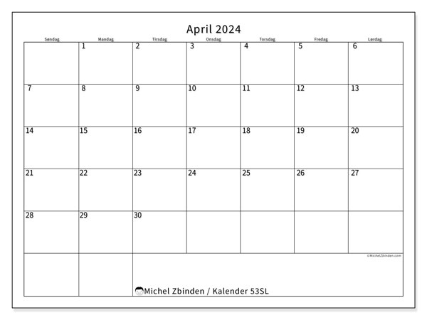 Kalender april 2024 “53”. Gratis plan for utskrift.. Søndag til lørdag