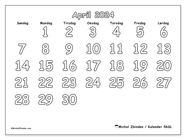 Kalender april 2024 “56”. Gratis program for utskrift.. Søndag til lørdag