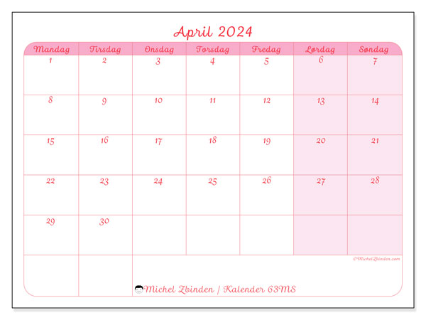 Kalender april 2024 “63”. Gratis kalender for utskrift.. Mandag til søndag