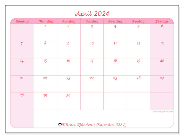 Kalender april 2024 “63”. Gratis kalender for utskrift.. Søndag til lørdag