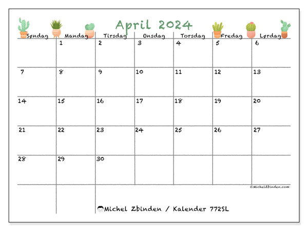 Kalender april 2024 “772”. Gratis program for utskrift.. Søndag til lørdag