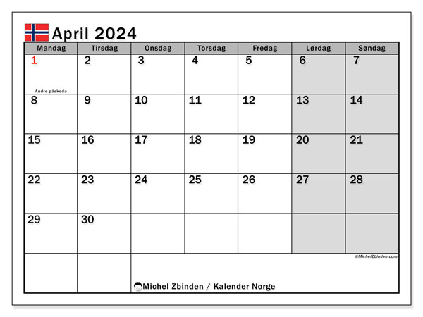 Kalendarz kwiecień 2024, Norwegia (NO). Darmowy plan do druku.