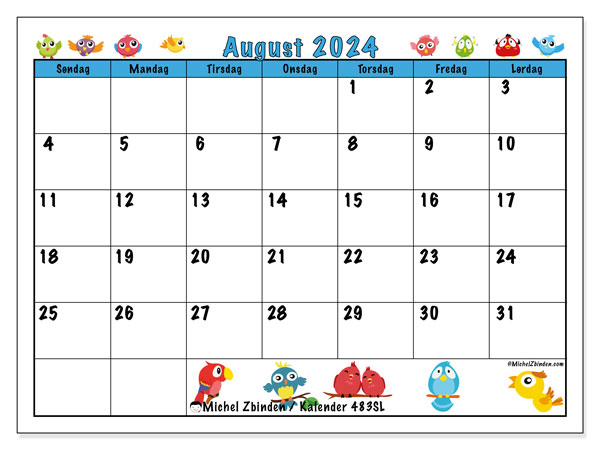 Kalender august 2024 “483”. Gratis program for utskrift.. Søndag til lørdag