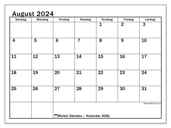 Kalender august 2024 “50”. Gratis kalender for utskrift.. Søndag til lørdag