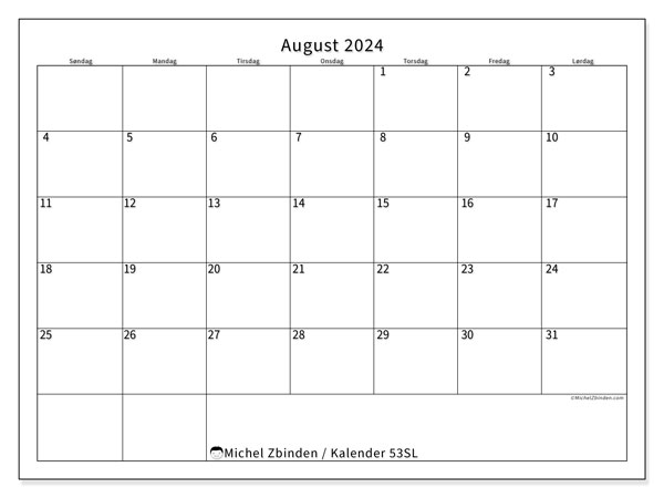 Kalender august 2024 “53”. Gratis plan for utskrift.. Søndag til lørdag